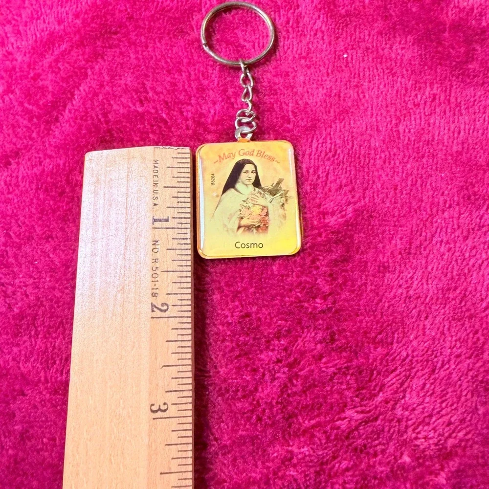 Vintage Saint Therese of Lisieux Religious Keychain May God Bless Catholic Cross